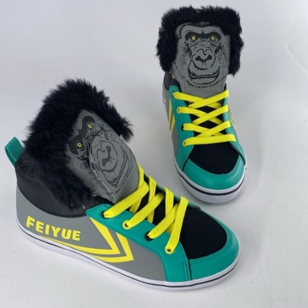 💚▪Feiyue ▪️Delta Mid Animal (Gorilla) Grey/ Yellow/Green Youth Kids Sz 1+ Sz 3